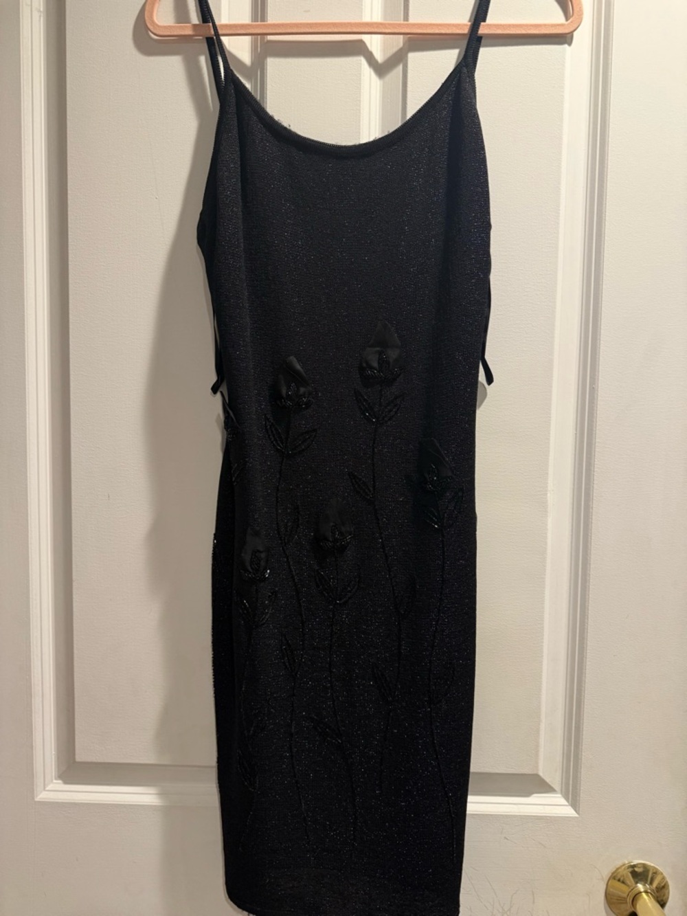 Elegant Black Midi Slip Dress with Floral Appliqué